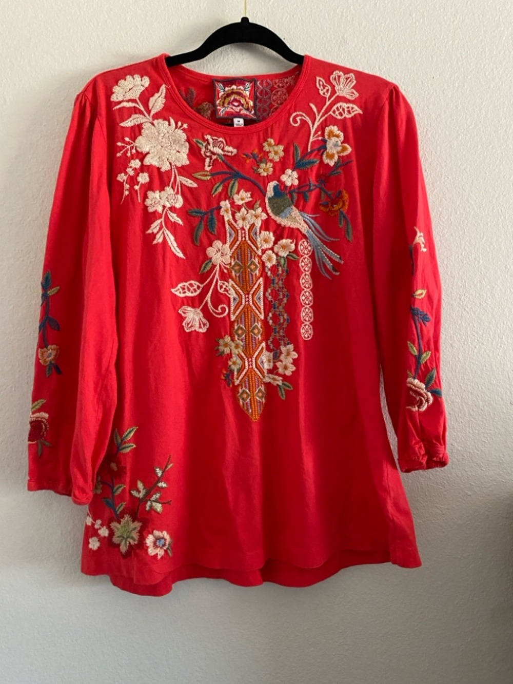 Johnny Was Top Shirt Red Embroidered Bird Cotton Boho
